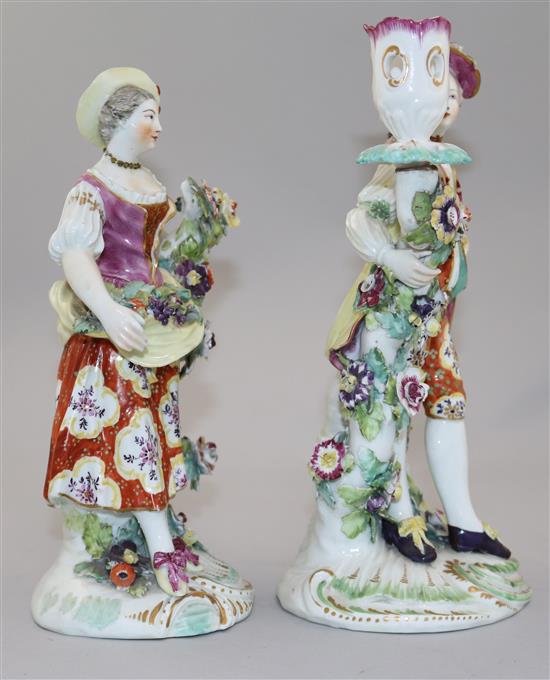 Pair of Derby candlestick figures of a gentleman & a lady, 24cm, damaged(-)